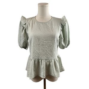 NEW Express X-Small Green Blouse Pullover Puff Sleeves Shoulder Ruffle Peplum